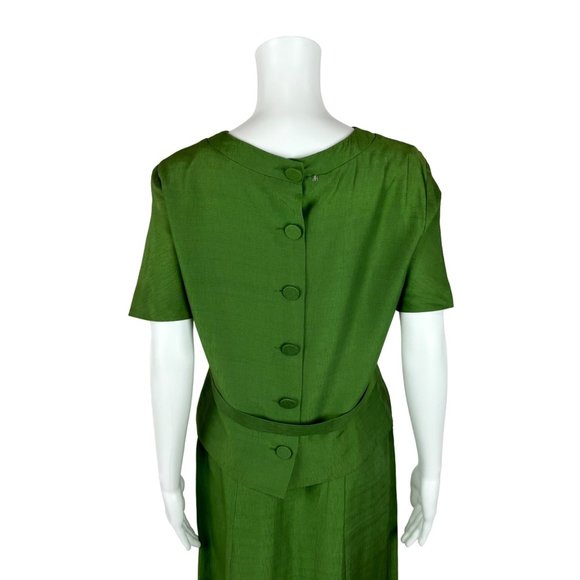 Vintage 70s Suit Set Women's Extra Small Solid Green Silk Blend Skirt Top Busine - Picture 8 of 10